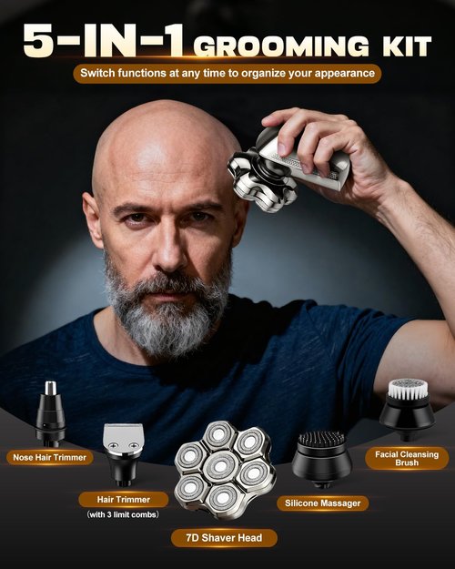 Maraiss Head Shavers for Bald Men, 7D Upgraded Detachable Head Shaver - IPX7 Waterproof Wet Dry 5-in-1 Grooming Kit Electric Razor, Ideal Gift for Men