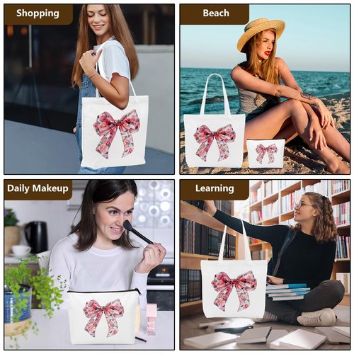 Christian Gifts for Women, Girls Preppy Bow Canvas Tote Bag Makeup Bag Set, Inspirational Bible Verse Religious Gifts Birthday Anniversary Nurse Mothers Day Reusable Grocery Bags Travel Cosmetic Bags