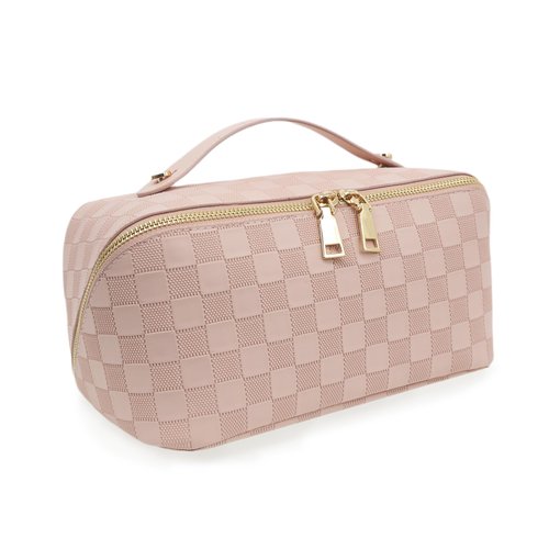 JINYIBAGS Travel Makeup Bag – Large Cosmetic Organizer with Waterproof PU Leather, Smooth Double Zipper & Tear-Resistant Lining, Toiletry Pouch for Women (Pink)