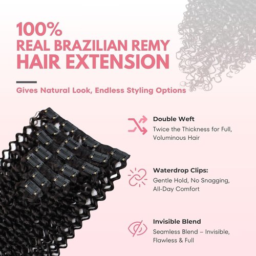 SIYUSI Kinky Curly Clip In Extensions, 3C 4A 100% Brazilian Remy Human Hair Clip Ins, Invisible & Scalp-Friendly, Natural Black Color, 3.52oz, 7Pcs (12 Inch)