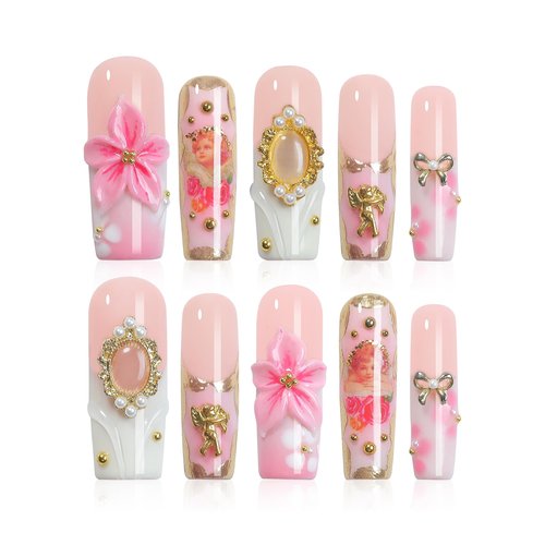 XGV Long Handmade Press on Nails - 3D Press on Nail With Flower, Pretty & Reusable for Daily Wear