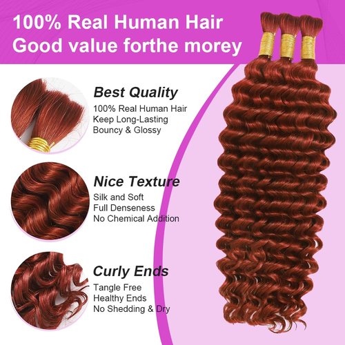 14 Inch 120g Dark Ginger Human Braiding Hair for Boho Braids100% Hair Extensions Deep Water Wave Boho Braiding Curly Wet and Wavy Bohemian Bulk Human Hair for Knotless