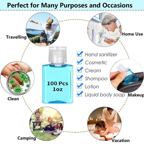 100PCS Plastic 1oz Travel Bottles, Mini Clear Travel Shampoo Bottles with Flip Cap, Small Empty Hand Sanitizer Bottle Refillable Cosmetic Containers, Portable 1oz Bottle for Body Lotion Soap Liquid