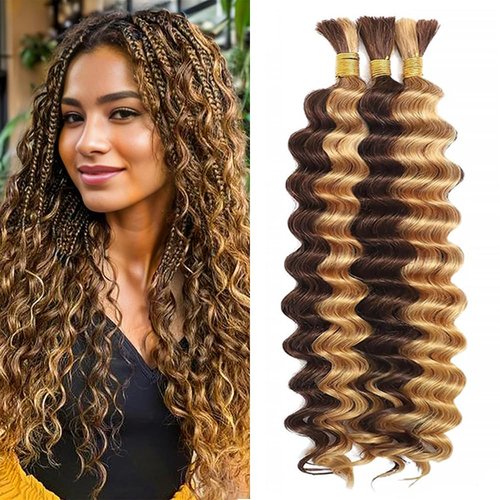 Ombre Human Braiding Hair for Boho Braids 18 inch P427 Deep Curly Boho Hair for Braiding Knotless 10A Deep Wave Bulk Bohemian 3 Bundles