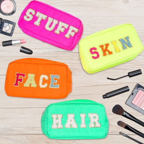 Whaline 4Pcs Preppy Nylon Cosmetic Bag Chenille Letter Makeup Organizer Bag Set Patches Toiletry Cosmetic Case Waterproof Zipper Cosmetic Pouch for Women (Neon Color,Skin,Stuff,Hair,Face)