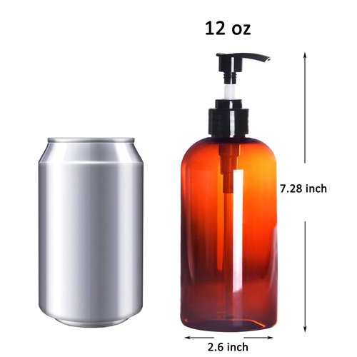 Youngever 6 Pack Amber Plastic Pump Bottles, Refillable Plastic Pump Bottles for Dispensing Lotions, Shampoos, Hand Sanitizer and More (12 Ounce)