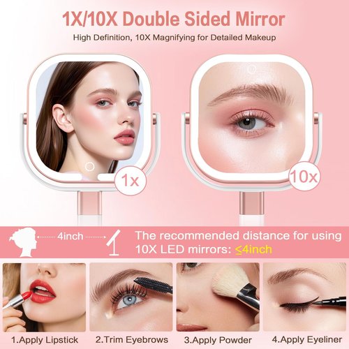 Rosivyphan Makeup Mirror with Lights, 1X/10X Magnifying Vanity Mirror with 3 Colors, 2000mAh Rechargeable Double Sided Magnifying Mirror, Height Brightness Adjustable, 360° Rotation Vanity