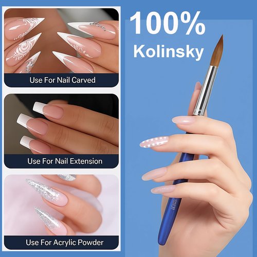 100% Pure Kolinsky Hair Acrylic Nail Art Brushes – Oval Crimped Tip for Acrylic Powder, Gradient Blue Metal Handle, Professional Nail Art Brush for Salon & DIY(#14)