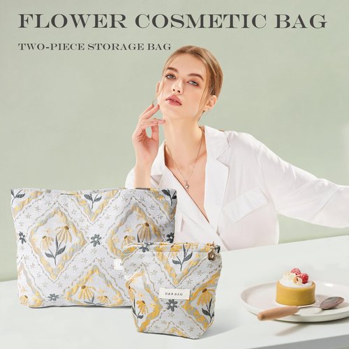 PLOPONOM 2 Pcs Makeup Bags,Large Capacity Travel Cosmetic Bag for Women,Sage Green Flower Relief Small Cosmetic Organizer,Portable Toiletry Pouch Purse with Zipper