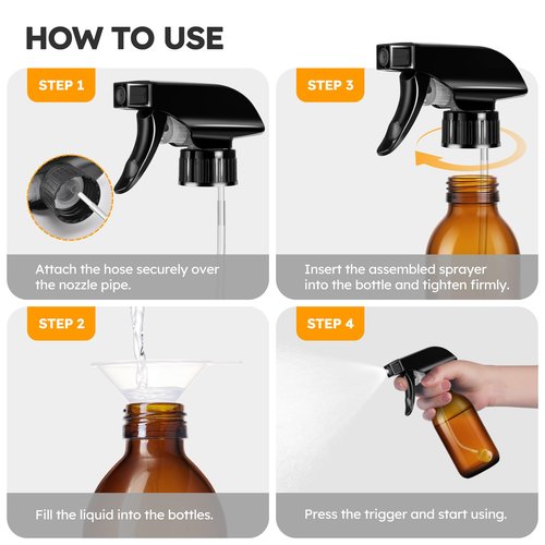 Tecohouse 360° 4 OZ Amber Glass Spray Bottles, 2 Pack Empty Refillable Containers with Adjustable Spray Nozzles, Spray Bottles for Cleaning Solutions, Plants, Hairs