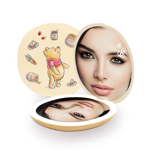 Impressions Vanity Winnie The Pooh 11 O'clockish LED Compact Mirror with 3X Magnified Top Mirror, Winnie The Pooh Artwork Travel Mirror with Touch Sensor LED Lighting and Adjustable Brightness