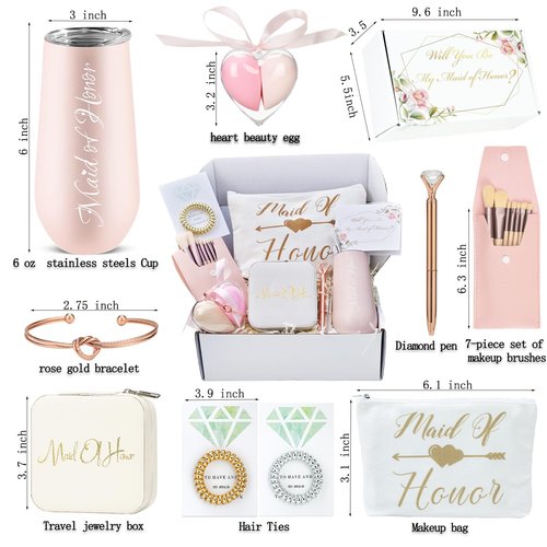 Will You Be My Maid of Honor Gift Box,Maid OF Honor＆Bridesmaids Proposal Gifts Set of 10-Bachelorette&Wedding Party Engraved with "Maid of Honor" 6oz stainless steels Cup,Jewelry box,Makeup Bags,Card
