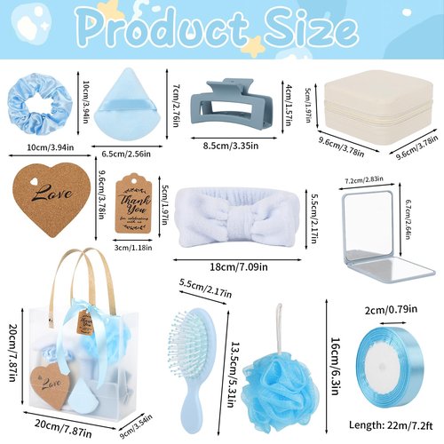 WAYASDCU 6 Sets Baby Shower Prizes for Game Winners Bath Sponges Heart Cork Coaster Headband Hair Brush Jewelry Box Compact Mirror Powder Puff Hair Tie Claw Gift Bag Bridal Shower