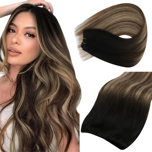 Sunny Hair Beaded Weft Hair Extensions Human Hair Ombre Micro Weft Real Hair Extensions Black Roots to Dark Brown Balayage Blonde Beaded Wefts Human Hair Extensions Short Straight Hair 14inch 50g