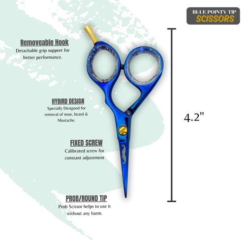 Massive Bee Store Rounded-Tip Trimming Scissors for Men – Stainless Steel High Carbon Beard, Mustache, and Ear Hair Grooming Scissor (Blue (Pointy-Tip))