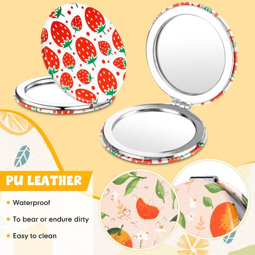 Vicenpal Compact Mirrors Small Pocket Fruit Design Mini Magnifying Portable Makeup Compact Pu Leather Double Sided Pocket Mirror for Women Girls Mother Kids Gift(Round Style)