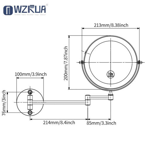 WZRUA 8 Inch Lighted Makeup Mirror Rechargeable Wall Mounted,Double-Sided 1X/10X Magnification,Dimmable 360° Swivel Extendable Bathroom Mirror Matte Black