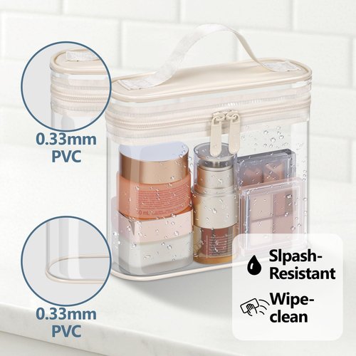 PACKISM TSA Approved Toiletry Bag, 2-Pack Quart Size Clear Makeup Bag for Women, 3-1-1 Compliant Clear Travel Bag for Toiletries with Heavy-Duty PVC, Dual Zipper for Airport Security, Beige