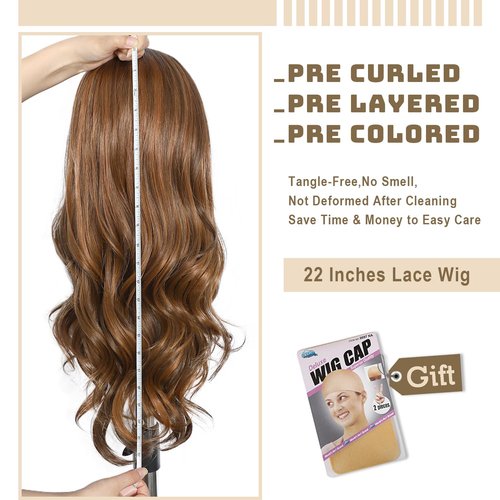 BABEHERS Honey Brown Lace Front Wig 13x4 Pre Plucked Body Wave Synthetic Lace Front Wig for Women Highlight Heat Resistant Hair 22 Inch Daily Use