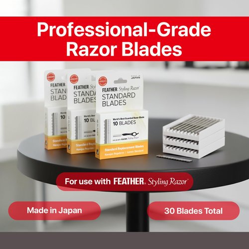 Feather Styling Razor Standard Blades - Professional Hair Cutting Blades for Styling, Shaping, Feathering & Thinning - Stainless Steel Single Edge Guarded Blade - Made in Japan - Refill Pack - 30 Ct