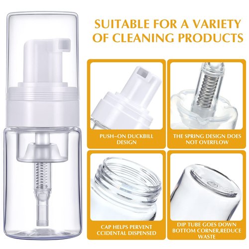 50 Pack Foam Pump 1oz/30ml Refillable Dispenser Travel Size Plastic Mini Bottle for Lash Shampoo, Cleaning, Cosmetics - Portable Clear Foaming Packaging