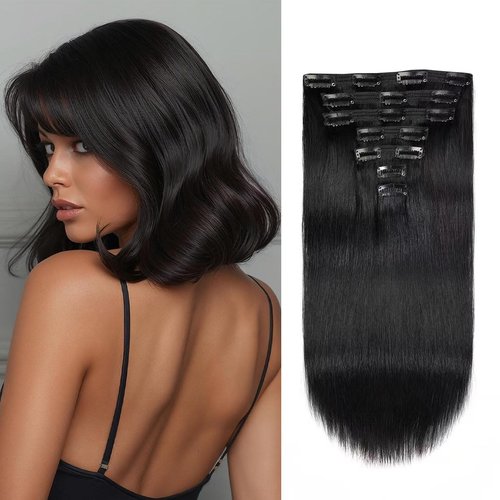 Jiameisi Clip in Hair Extensions Real Human Hair, 14inch Remy Human Hair Extensions Double Weft 70g 7pcs, Natural Straight Hair Clip ins for Women, Ideal for Daily, Party, Wedding Looks #1 Jet Black