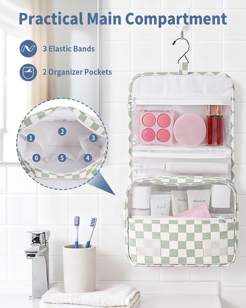 Narwey Small Hanging Travel Toiletry Bag for Traveling Women, Checkered Travel Bag for Toiletries, Makeup Bag Organizer Make Up Cosmetic Bags (Mint Green Checkerboard)