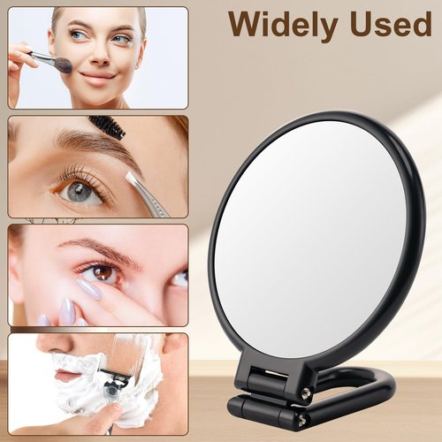 BOOMIBOO 1X/10X Magnifying Handheld Mirror Double Sided, Foldable Travel Makeup Mirror, Adjustable Rotation Pedestal Hand/Hanging/Desk Vanity Mirror-Black