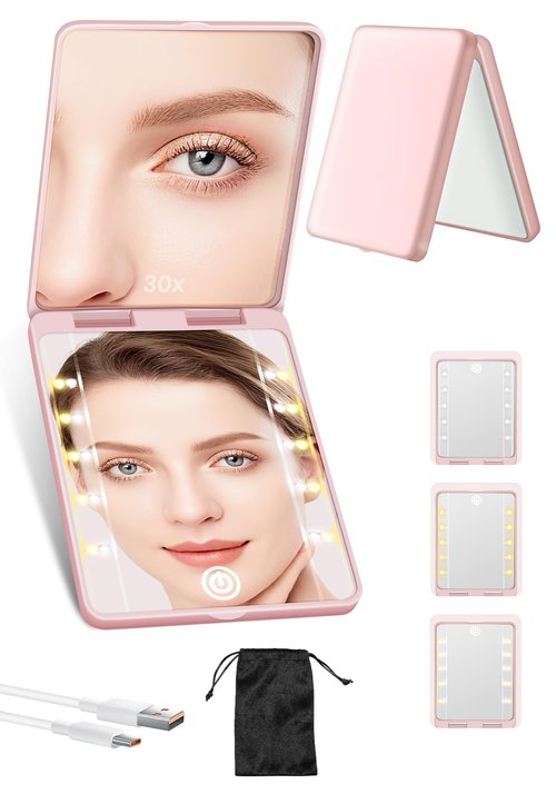 Compact Mirror, Rechargeable 30X Magnifying Mirror with 3 Lighting Modes & Dimmable Brightness, Portable Travel Makeup Mirror with Light, Essentials for Travel, Pocket, Purse, Gifts for Women Pink
