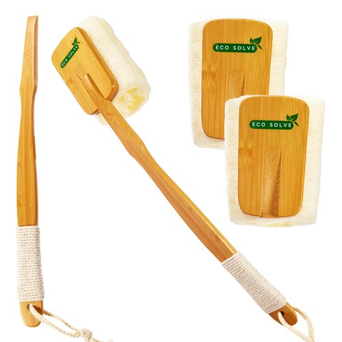 Eco Solve Natural Loofah Shower Scrubber w/Removable Bamboo Handle, Gentle Exfoliation, Long-Ergonomic Handle w/Hemp Rope Grip, Extra Loofah Included for Close Washing, Plastic-Free, Eco-Friendly