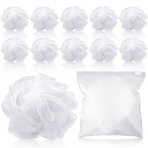 Funnymoom 12 Pcs Travel Size Loofah Individually Wrapped, Small Shower Puff Bath Sponge Pouf Ball Bulk Mesh Bath Puff Mini Loofah Sponge with Case Bulk for Shower Care (25g,White)