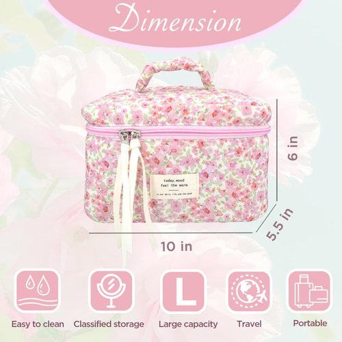 Sminra Makeup Bag Large Travel Quilted Cosmetic Makeup Bag Organizer, Floral Cotton Coquette Aesthetic Toiletry Bag for Women Girls (Pink Floral-L)