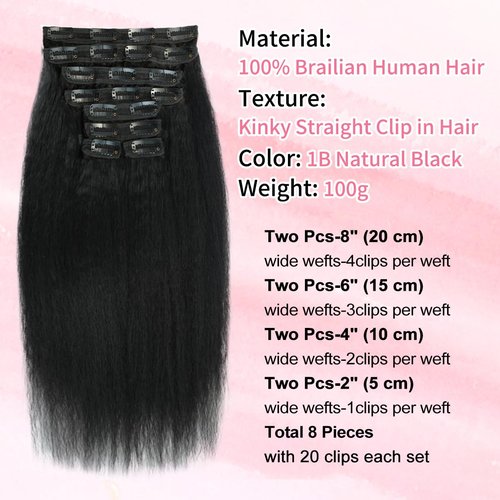 Kinky Straight Clip in Hair Extensions Real Human Hair 110g 8pcs Yaki Straight Clip Ins Hair Extensions For Women Natural Black Full Head Brazilian Remy Hair Double Weft 20 Clips