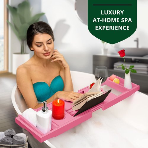 ROYAL CRAFT WOOD Luxury Bathtub Caddy Tray, One or Two Person Bath and Bed Tray, Bonus Free Soap Holder (Pink)