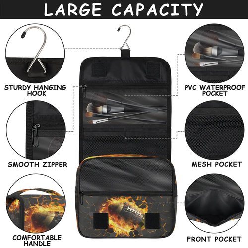 PATTERNFUL 3D Football Hanging Travel Toiletry Bag for Kids, Women Cosmetic Organizer Makeup Bag Pouch Men Shaving Dopp Kit Shower Bag With Sturdy Hook