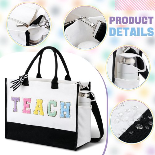 Abbylike Back to School Teacher Gift Canvas Chenille Letter Tote Bag Makeup Cosmetic Pouch Thank You Teacher Appreciation Women Gift