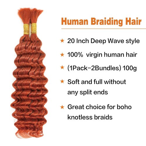 Peenoll Curly Braiding Human Hair 11A 100g 20 Inch Ginger Orange 350 Deep Wave Braiding Human Hair No Weft Brazilian Virgin Hair for Boho Braids