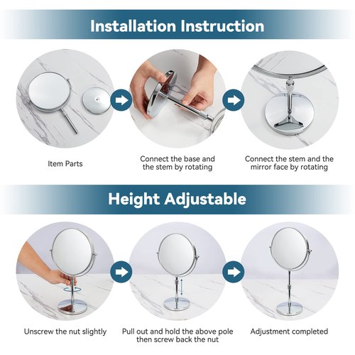 17" Tall Tabletop Magnifying Makeup Mirror Height Adjustable Vanity Mirror 1X/10X Magnification, 8" Large Double-Sided 360° Swivel Classic Round Desktop Make Up Mirror for Bathroom & Bedroom, No Light