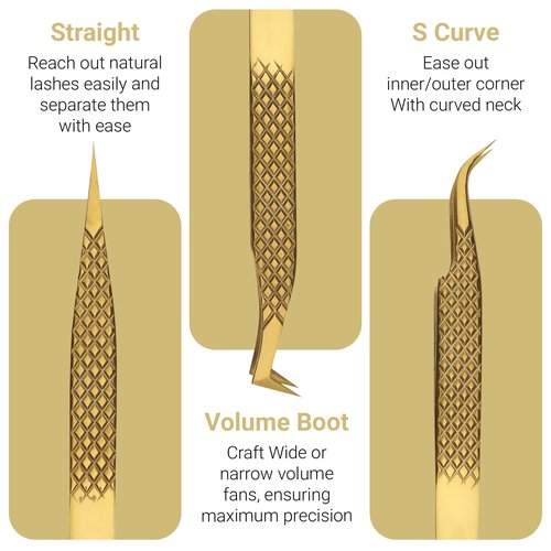 Lash Tweezers for Eyelash Extensions with Diamond Grip, Japanese Stainless Steel, Set of 3 - Great Precision for Classic, Volume & Mega Volume, Premium 45 Degree Curved Set for Women (Gold)