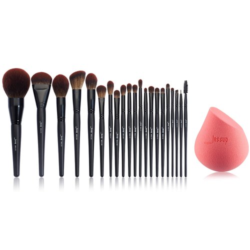 Jessup Professional Makeup Brushes Set Black 21Pcs T271 with Makeup Blender Sponge Red 1Pack SP002