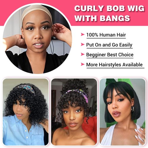 Rebecca Fashion Curly Bob Wig with Bangs Human Hair 10 Inch Short Curly Water Wave Bob Wig Human Hair Wigs for Black Women Glueless Wig 100% Brazilian Remy Hair Natural Color