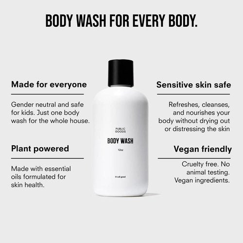 Public Goods Body Wash for Men and Women | Natural Soap for Bath & Shower | Body Scrub Made with Organic Essential Oils | Sulfate & Paraben Free | Vegan Friendly | 12 Fl Oz Bottle (Pack of 2)