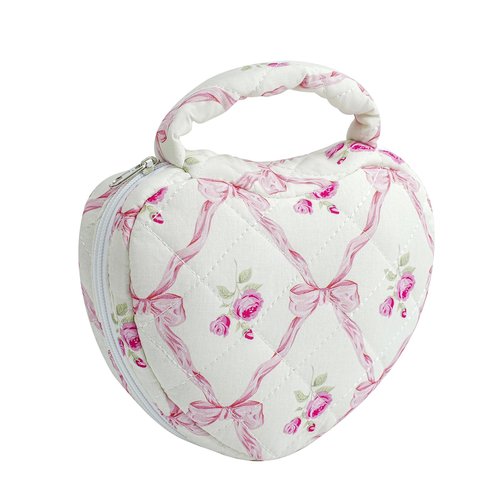 WHJM Cute Heart-shaped Handy Makeup Bag, Small Floral Makeup Pouch, Ideal for Daily Beauty Essentials for Women (Pink Bowknot Rose)