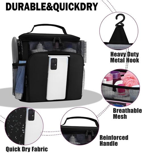 Dorm Room Essentials for Guys Girls,Quick Dry Mesh Shower Caddy Portable,Large Capacity black Shower Bag,Hanging Travel Toiletry Bag for Bathroom,Gym,Camping,Swimming,Travel,College Student Essentials