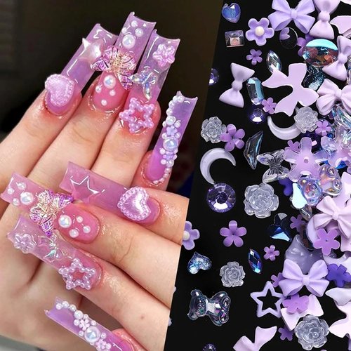100 Pcs Purple Resin Kawaii Mixed Shape Nail Charms,Cute Bow Flower Bear Heart Nail Design Charms for Nails 3D Bowknot Camellia Moon Nail Charm for Women Nail Art Supplies Nail Accessories Nail Art