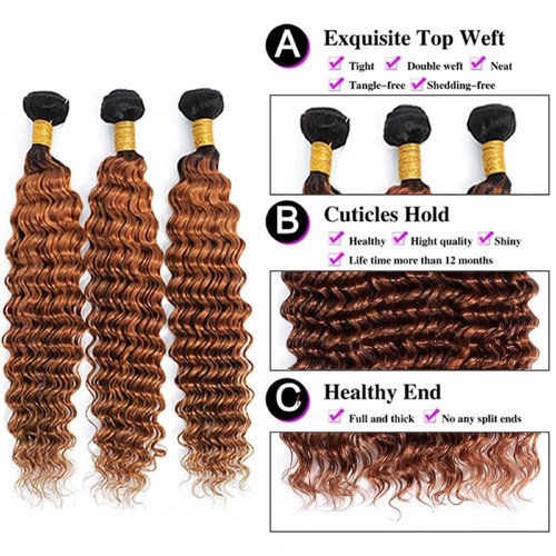 Cklikeb Human Hair Bundles T1B/30# Color Deep Wave Bundles Human Hair Unprocessed Brazilian Virgin 12 14 16 Inch 3 Bundles Quick Weave Human Hair Extensions (T1B/30 Deep Wave, 12 14 16)