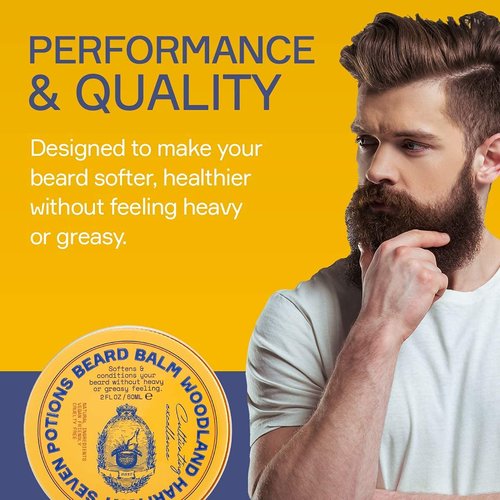 Seven Potions Beard Balm 2 oz. 100% Natural Softener with Jojoba Oil - Nourishes, Softens, Stops Itch, and Leaves Healthy Shiny Beard (Woodland Harmony)