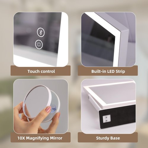 Hansong Vanity Mirror with Lights 11.8"x9.8" Lighted Makeup Mirror with Bluetooth Speaker Smart Touch Control LED Mirror with 3 Color Light Modes Detachable 10X Magnification and 360°Rotation