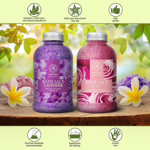 Bath Sea Salt Set 2х21.16Oz - Bath Salt Lavander & Rose - Lavender Essential Oil - Natural Rosewood Oil & Rose Extract - Aromatherapy - Relaxing - Body Care - Beauty - De-Stress Bath Salts