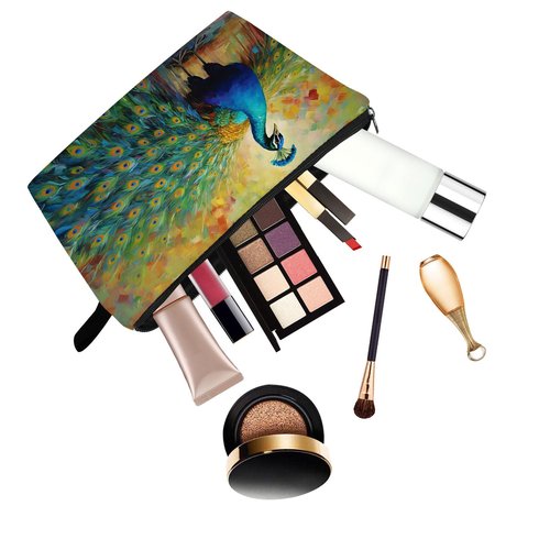 YULUENZE Peacock Pattern Makeup Bag - Cute Small Organizer With Zipper, Cosmetic Bag for Peacock Lovers - Birthday Gifts for Women, Sisters, Friends